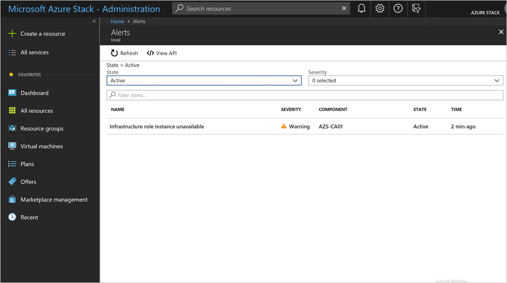 Screenshot showing filter by critical or warning status in Azure Stack Hub administrator portal.