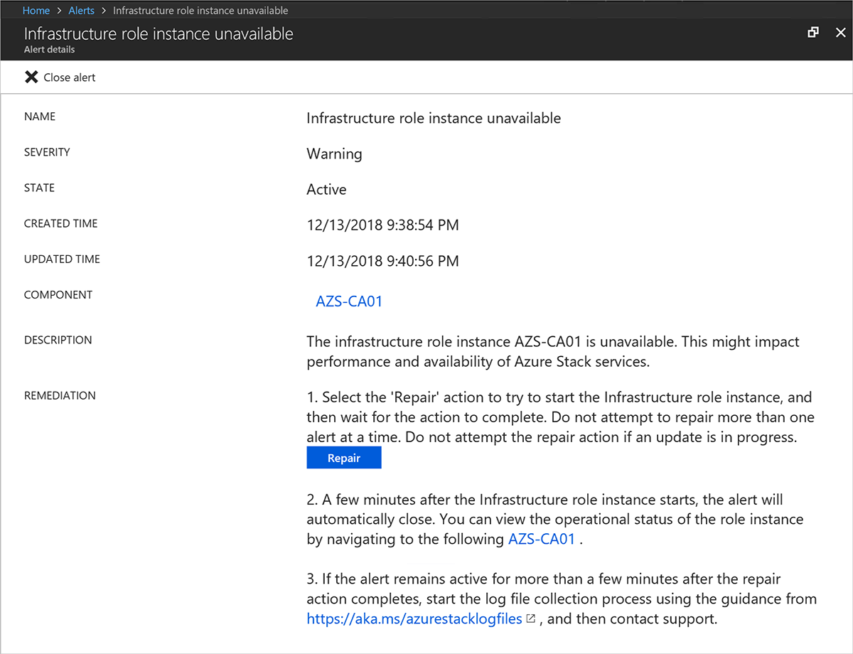 Screenshot showing alert details blade in Azure Stack Hub administrator portal.
