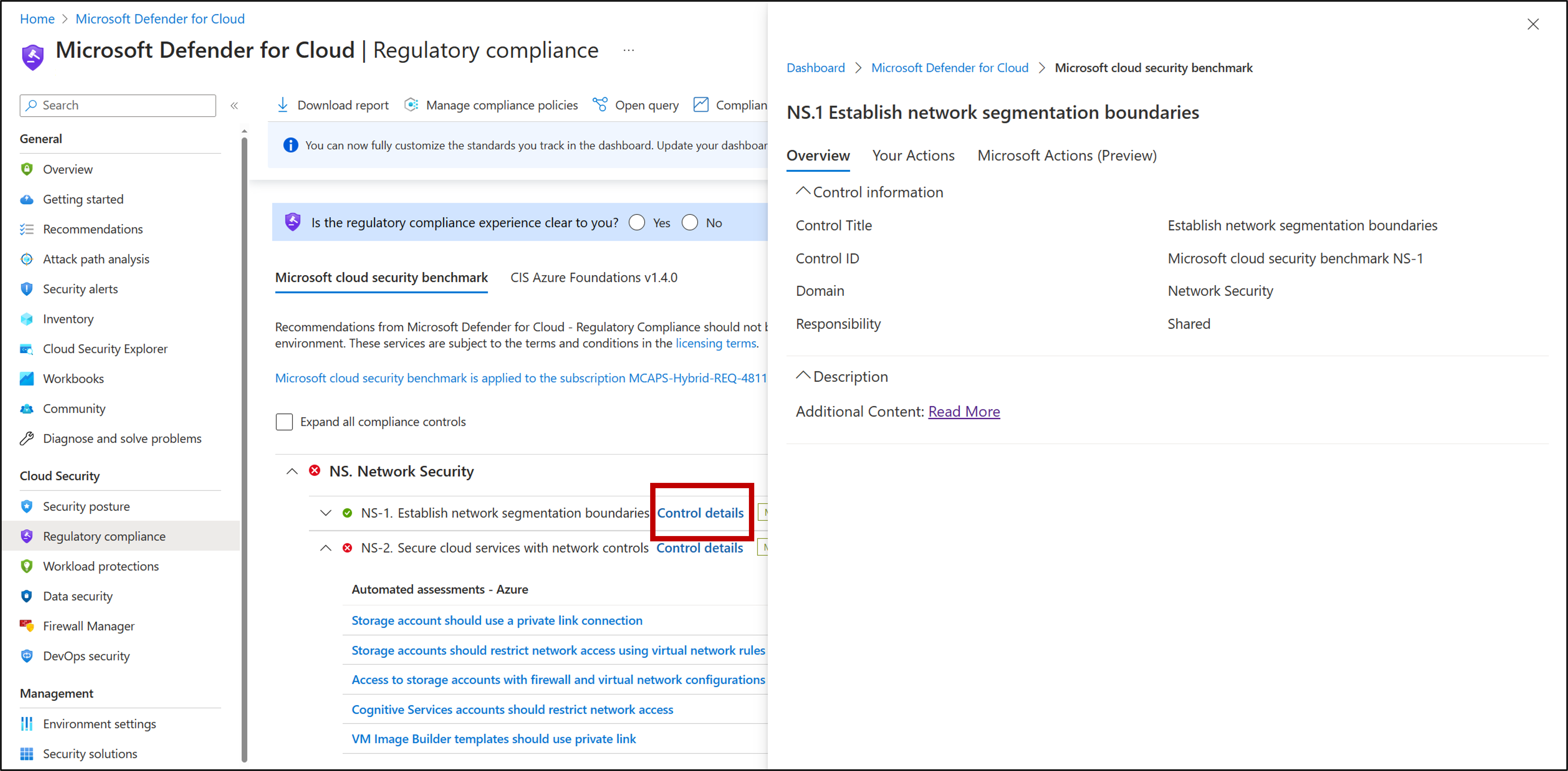 Screenshot showing the Defender for Cloud Regulatory compliance Control details.
