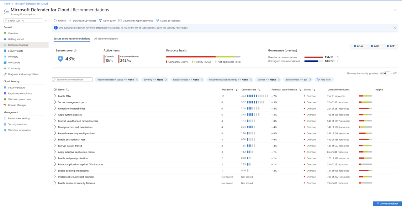Screenshot showing Microsoft Defender for Cloud recommendations page.
