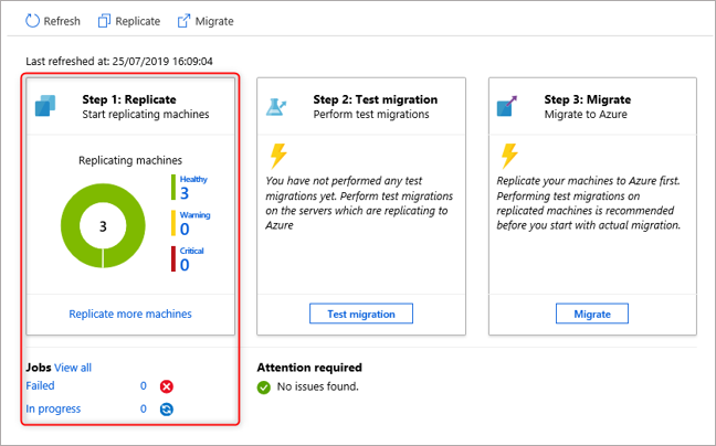 Screenshot that displays the overview page with the status of the replication jobs in Azure Migrate: Server Migration. The screenshot shows the following: Step 1: Replicate is highlighted with a red border to show the status of the currently replicating machines. 3 machines are shown with a status of healthy. There are panels for Step 2: Test Migration and Step 3: Migrate.