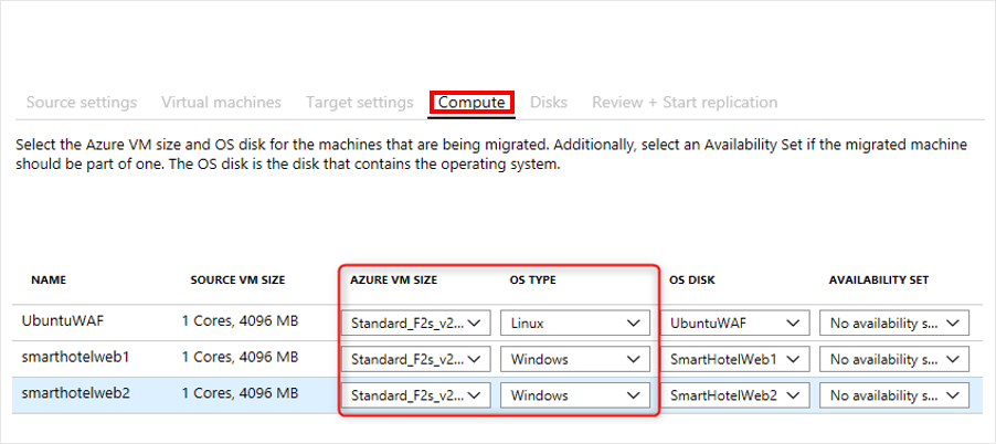 Screenshot of the Compute settings options in the Replicate blade. 3 VMs are listed along with settings for Name, Source VM Size, Azure VM size, OS Type, OS Disk, and Availability Set. None of the VMs have an availability set and the Azure VM Size and OS Type are settings are highlighted with a red border. 