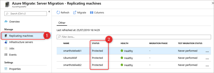 Screenshot of the Replicating machines blade. Under overview, Replicating machines is highlighted with a red border and numbered 1. On the right side, 3 VMs are listed showing Status of Protected, and a Health status of Healthy. Test Migration status show a status of Never performed.