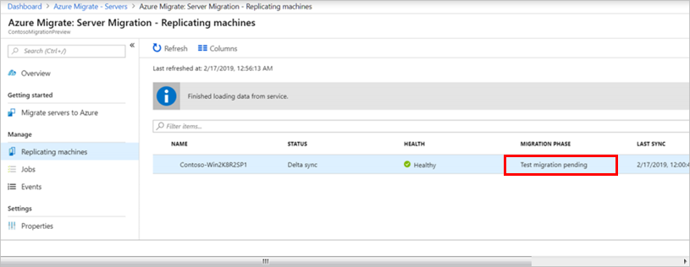 Screenshot of the Replicating machines blade. Under Manage, Replicating machines shows one VM in Delta sync with a Health status of Healthy and showing the Migration Phase as Test migration pending.