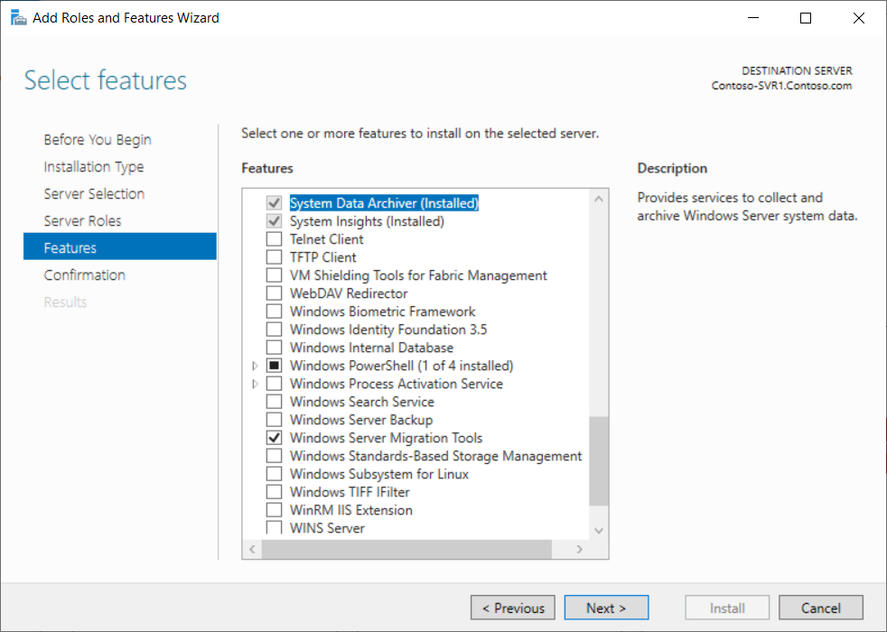 This screenshot depicts the administrator selecting the Windows Server Migration Tools feature in Server Manager.