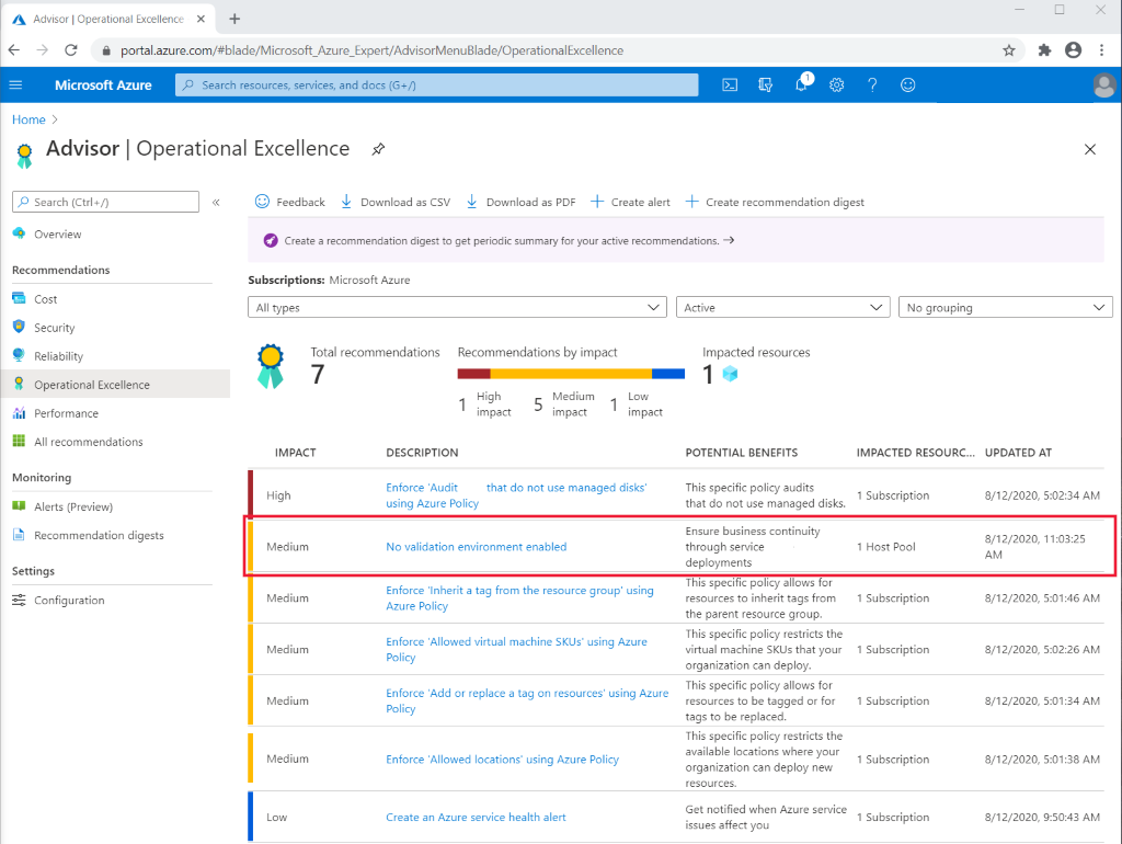 A screenshot of the Azure Advisor Operational Excellence page. The no validation environment enabled recommendation is highlighted in red.