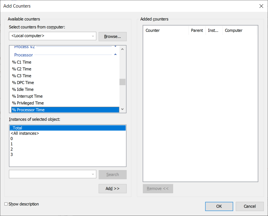 The screenshot displays the Add Counters page in Performance Monitor. The Processor object provides values for different instances of the object including a total of all instances and a numbered instance for each processor core.