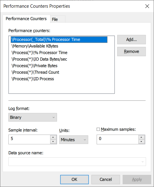 The following screenshot displays the Performance Counters Properties, Performance tab. This is where an administrator configures a data collector set. The default Server Manager Performance Monitor data collector set is selected, and the default Performance Counters can be modified.