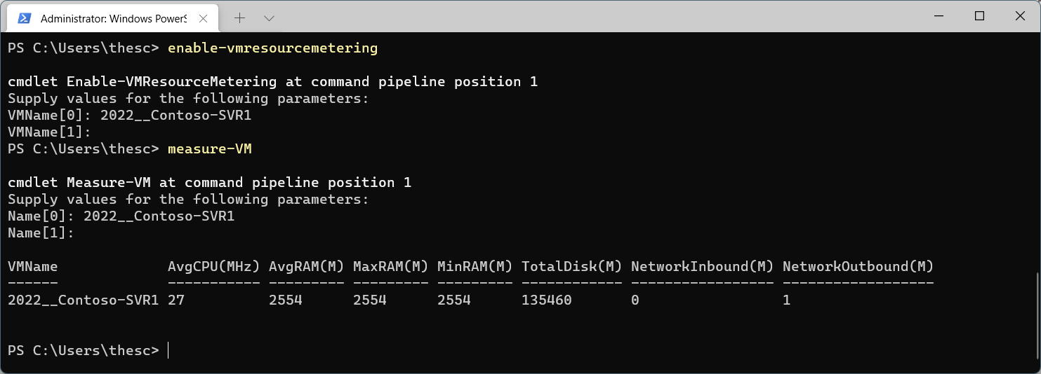 The screenshot displays a Command window where the output that results from running the measure-VM PowerShell cmdlet is displayed. This command is part of Hyper-V Resource Metering functionality and in the screenshot typical values for tracking resource utilization of VMs are displayed, such as CPU, RAM, disk, and network throughput.