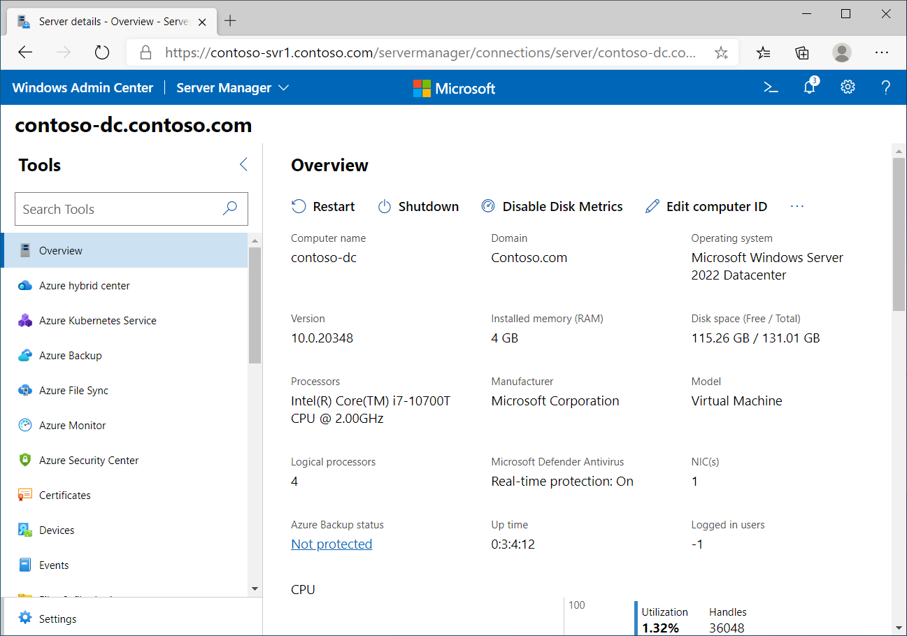 This screenshot displays the Overview tab in Windows Admin Center for a server computer. The following information about the server computer is displayed for the following: Restart, Shutdown, Disable Disk Metrics, and Edit Computer ID.