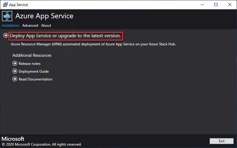 Screenshot showing the main screen of the Azure App Service installer.