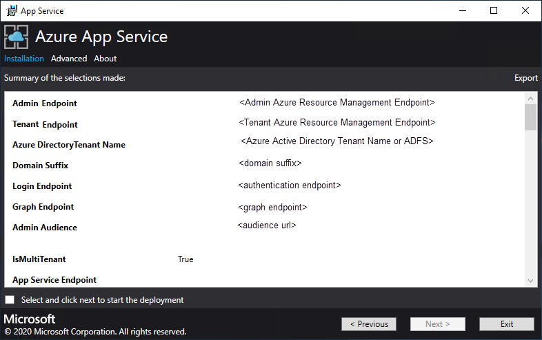 Screenshot that shows the summary of the options specified for deployment by the App Service Installer.
