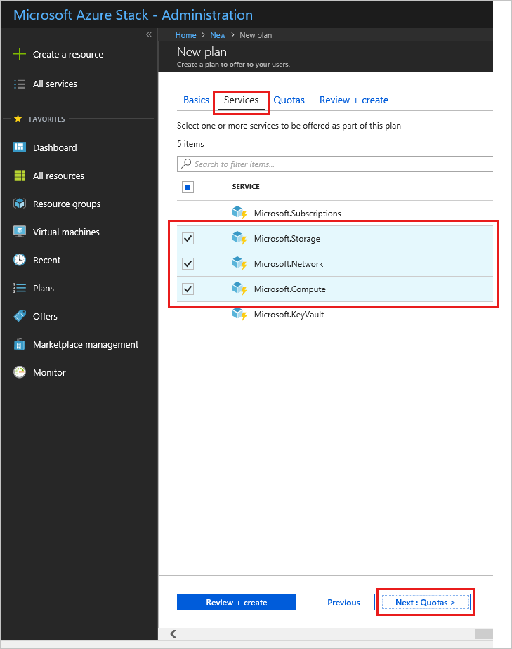 Screenshot that shows how to select services for new plan in Azure Stack Hub.