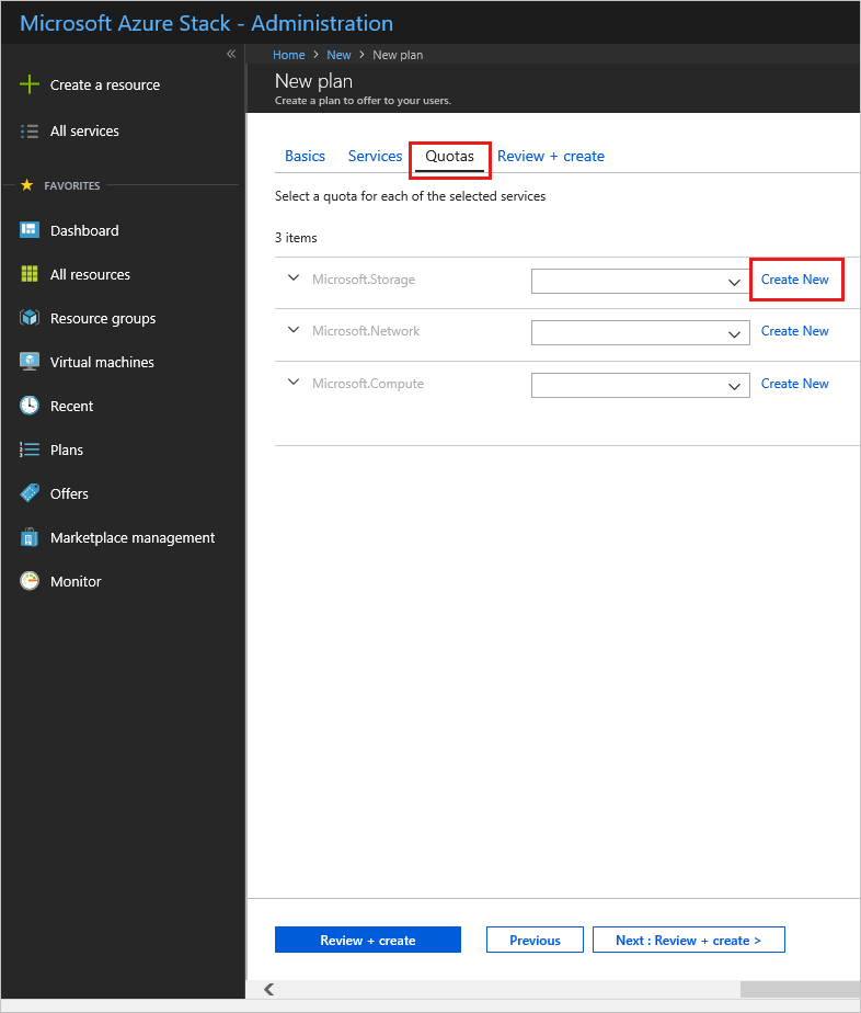 Screenshot that shows how to specify quotas for new plan in Azure Stack Hub.