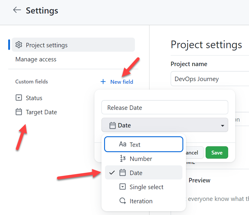 Screenshot of GitHub Projects settings to create custom fields.