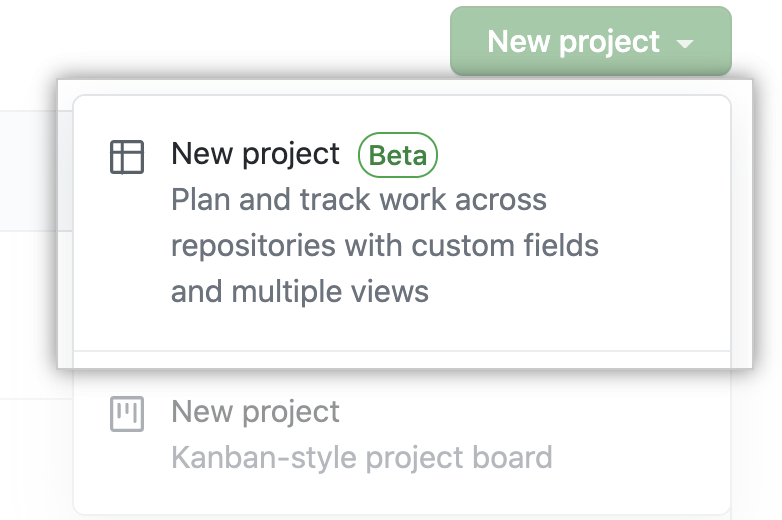 Screenshot of New GitHub Project (beta) feature.