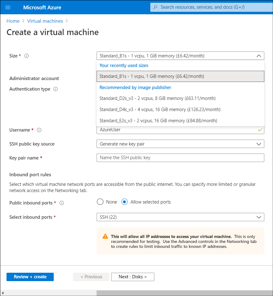 A screenshot of the Create a virtual machine blade. The administrator has selected the Size drop-down list, and four Standard-size VMs display.