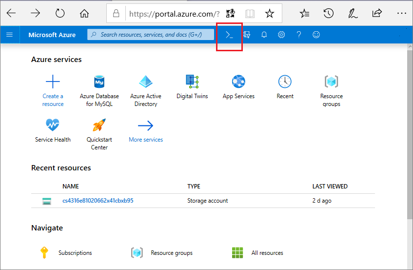 Screenshot of the Azure portal listing Azure services, recent resources, and navigation links. The Cloud Shell icon is highlighted.