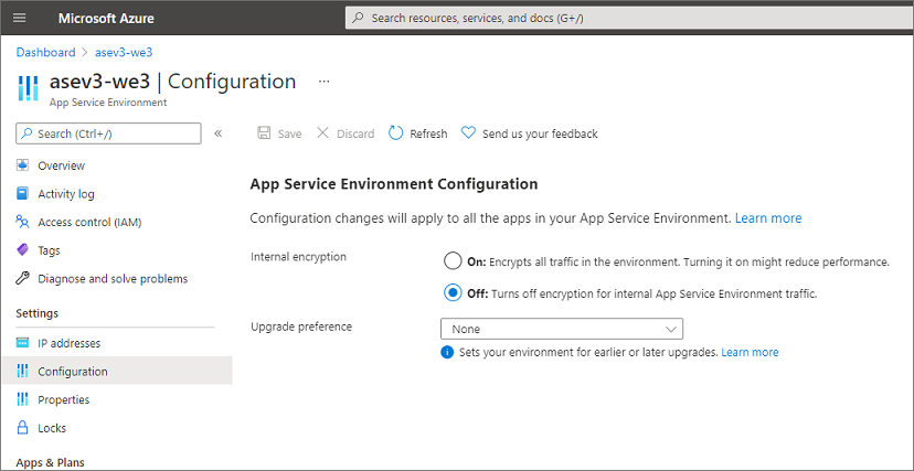 Screenshot showing the application service environment configuration page.