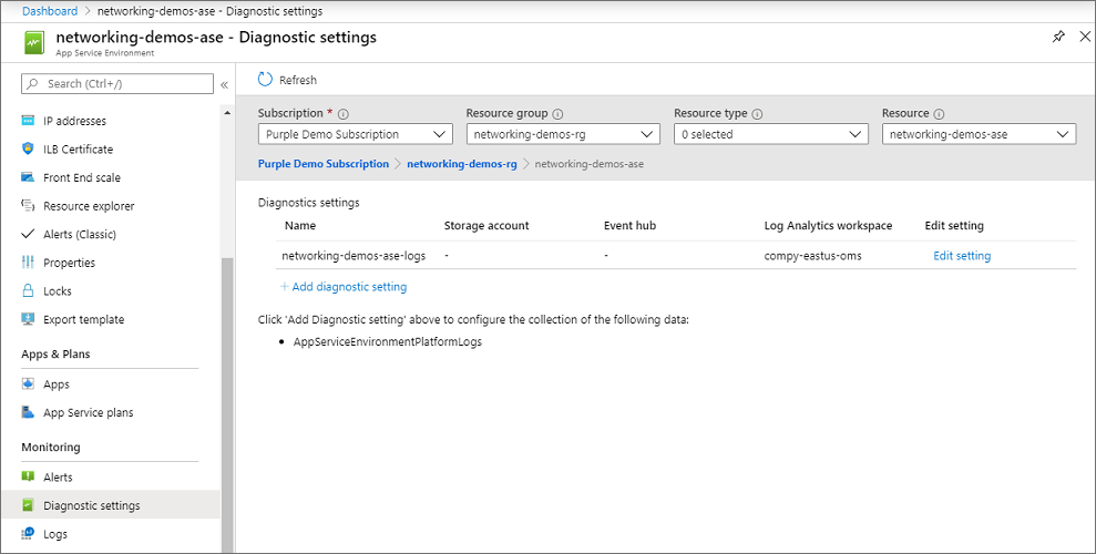 Screenshot showing the diagnostic settings page.