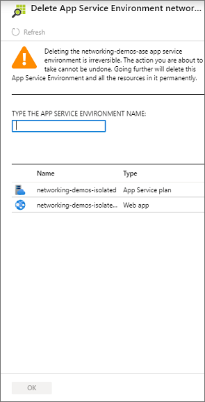 Screenshot showing how to delete an application service environment.