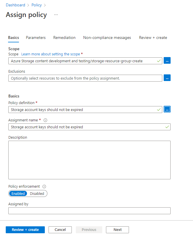 Screenshot showing how to assign the built-in policy for a resource scope.