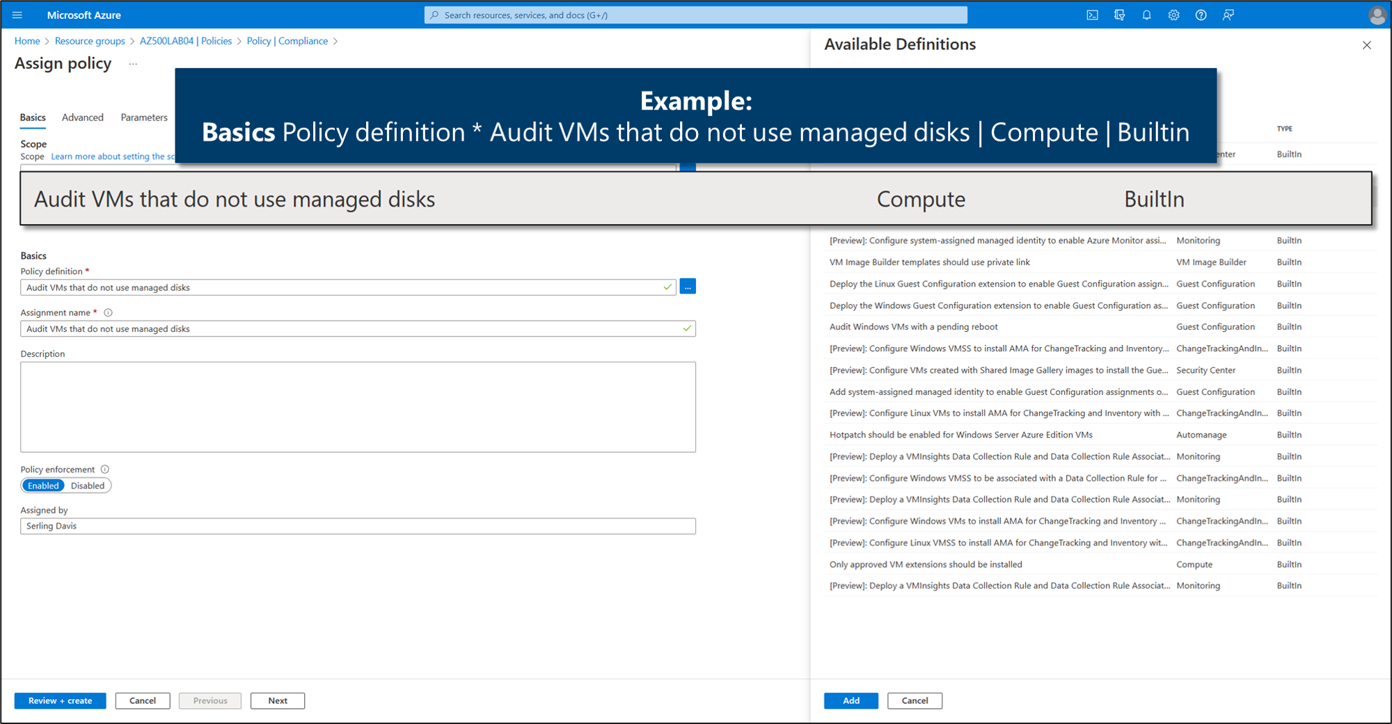 Screenshot showing an example of a basic policy definition to audit VMs without managed disks.