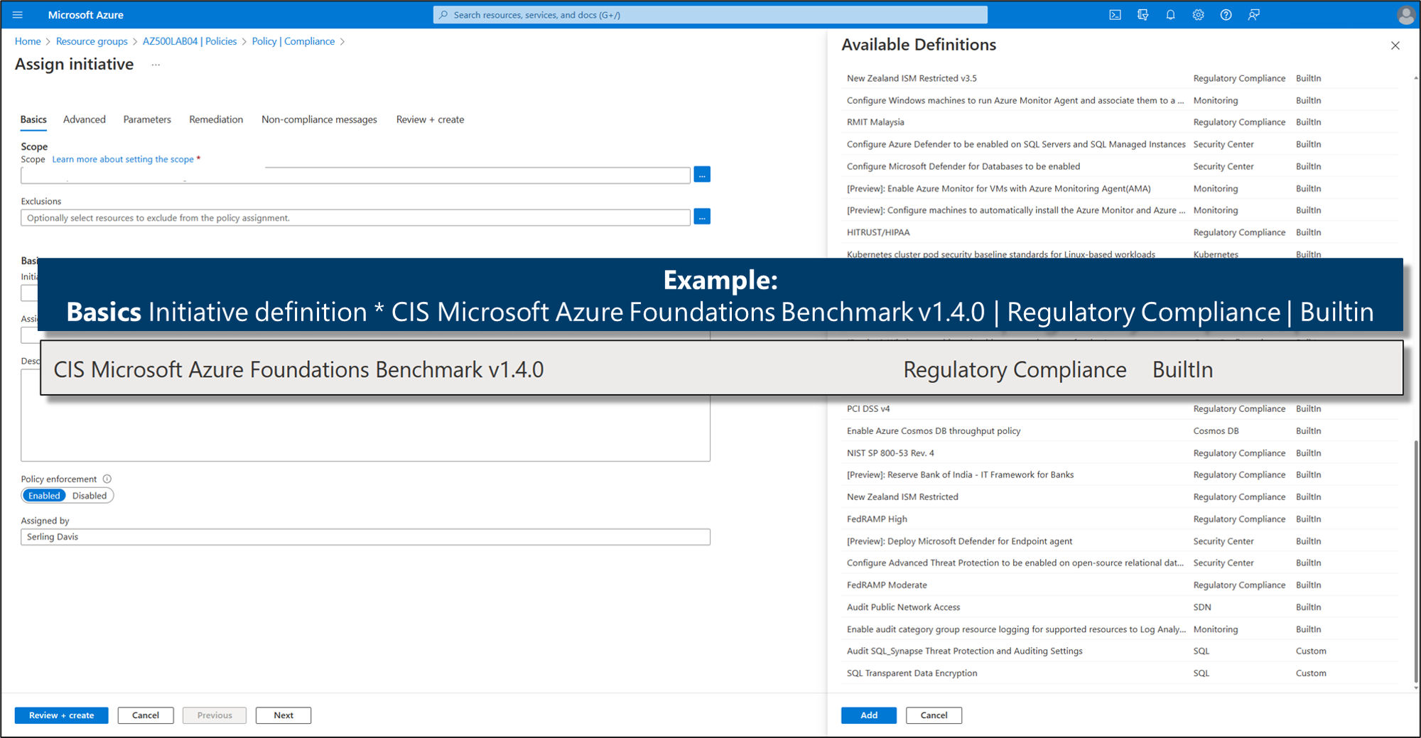 Screenshot showing an example of the CIS Microsoft Azure Foundations Benchmark.