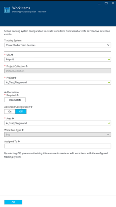 Screenshot of the configuration blade in Azure.