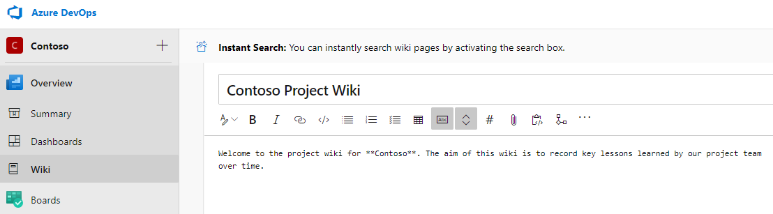 Screenshot of Azure DevOps wiki with title and description example.