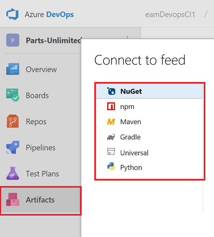 Screenshot of Azure DevOps with Artifacts highlighted in the menu pane.