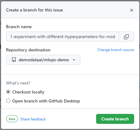 Screenshot of GitHub repo branch created from issue.