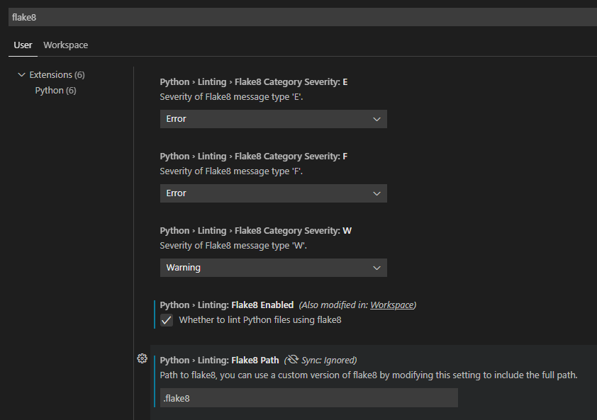 Screenshot of configuring Flake8 in Visual Studio Code.