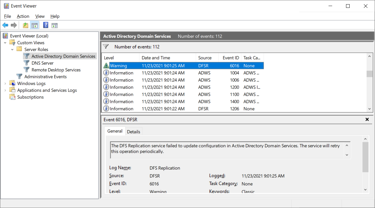 A screenshot displays the Active Directory Domain Services node in Event Viewer. The administrator is reviewing a DFSR related Warning.