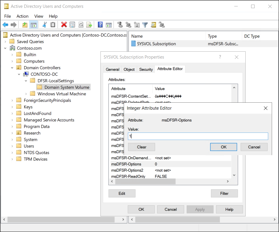 A screenshot of the msDFSR-Options attribute, configured to value 1.