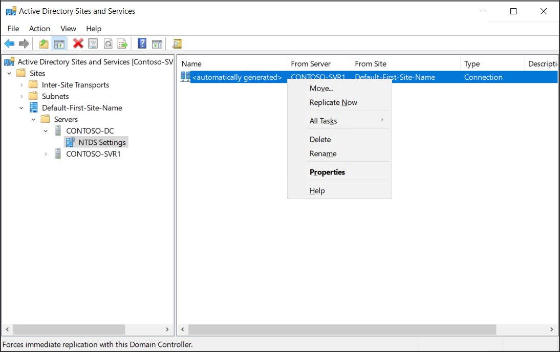 A screenshot that displays the context menu for a selected replication link to a server in Active Directory Sites and Services.