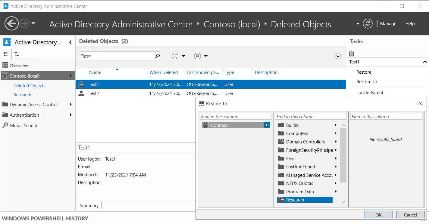 The screenshot displays two user objects, Test1 and Test2, in the Deleted Objects 2 folder in Active Directory Administrative Center. The administrator has initiated a restore to the Research OU for Test1.