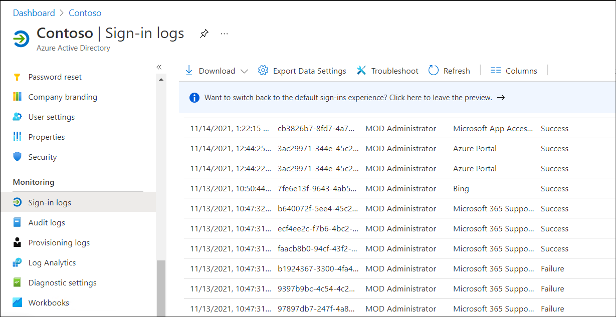A screenshot of the sign-in logs in the Microsoft Entra admin center. The displayed log includes a number of Failure attempts.