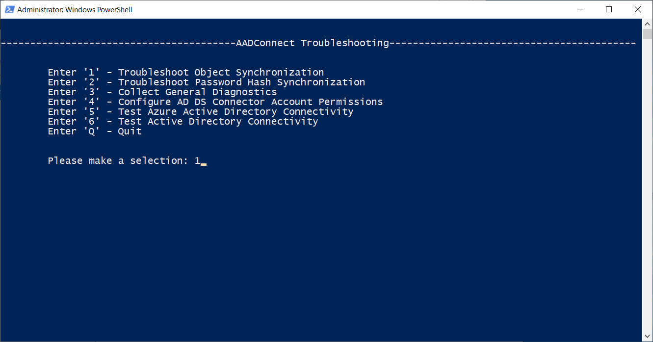 A screenshot of the Windows PowerShell window running the AADConnect Troubleshooting wizard. 