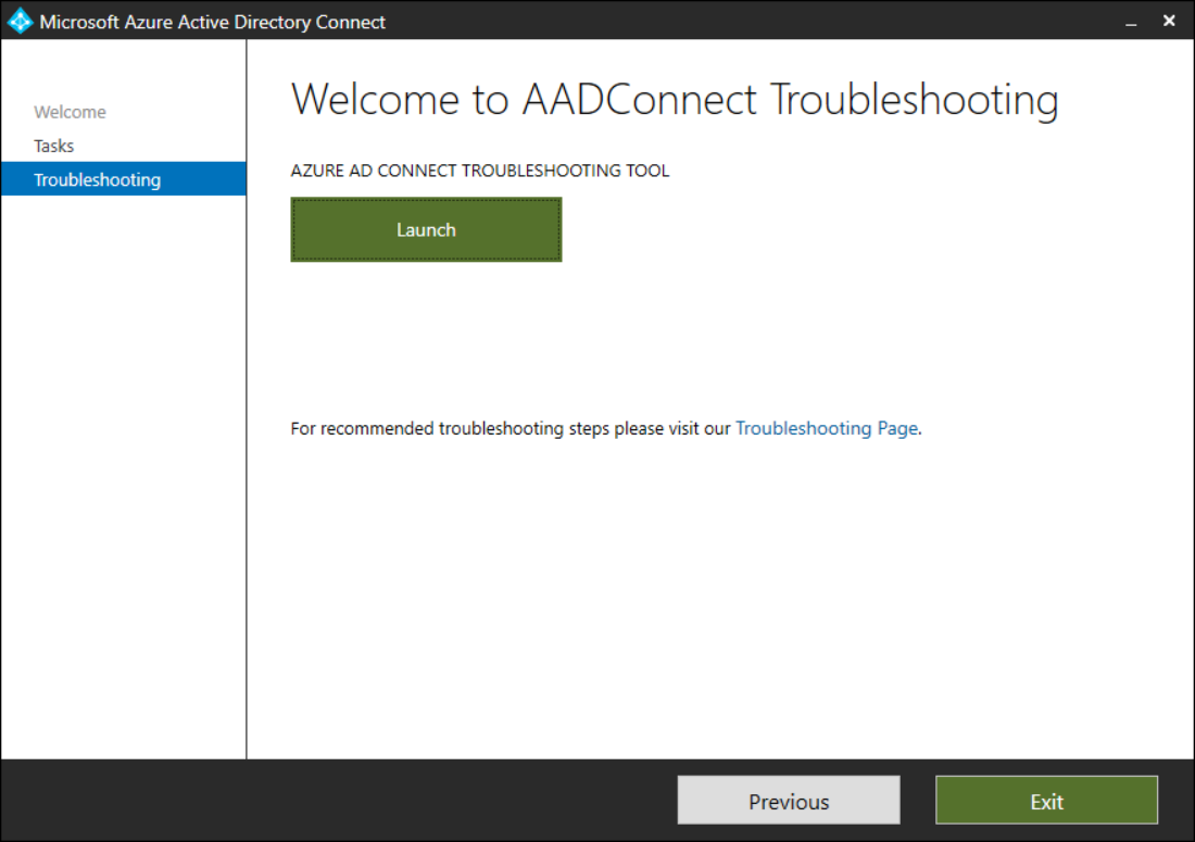 A screenshot of the Welcome to AADConnect Troubleshooting page of the wizard
