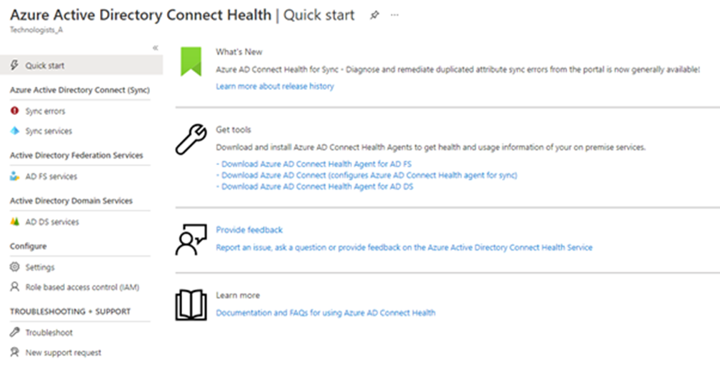 Screen shot of the Microsoft Entra Connect Health screen.