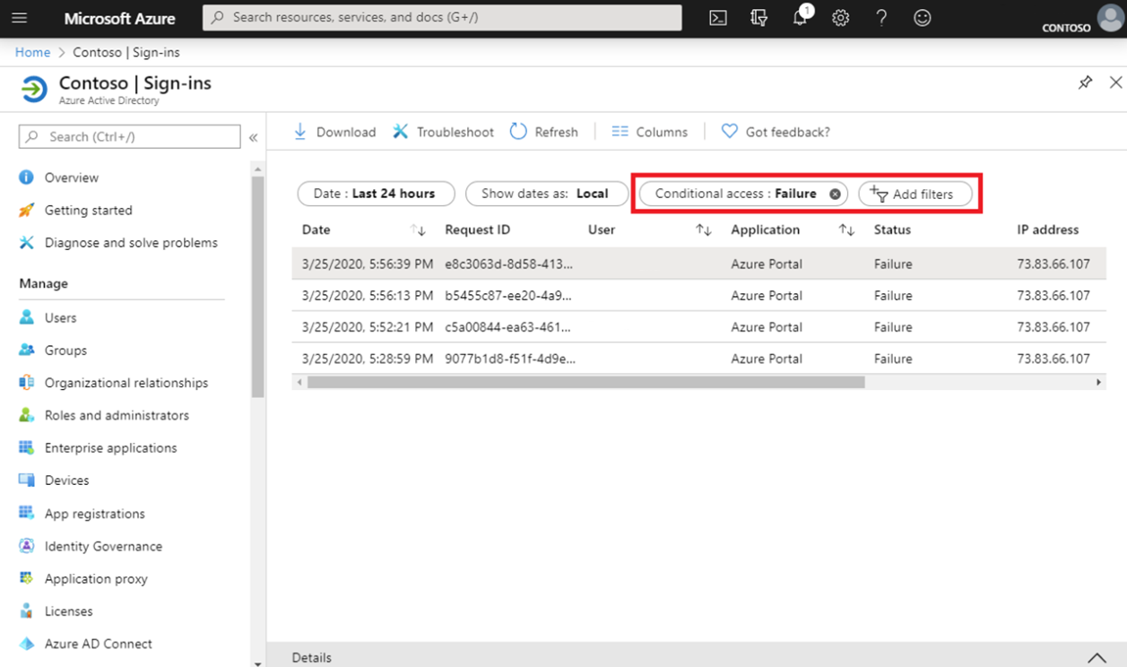 Selecting the Conditional access filter in the sign-in log