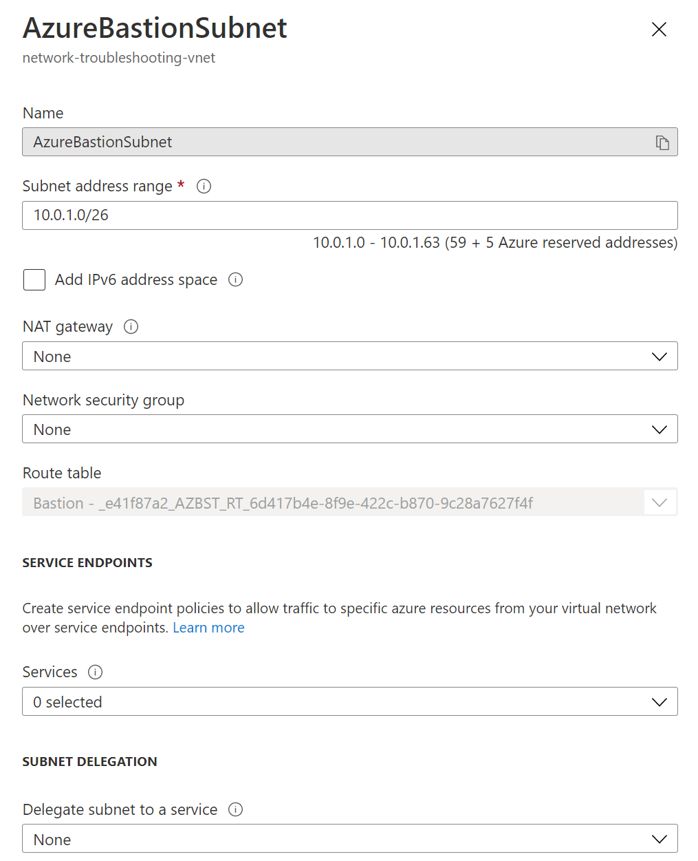 A screenshot of the AzureBastionSubnet subnet settings.