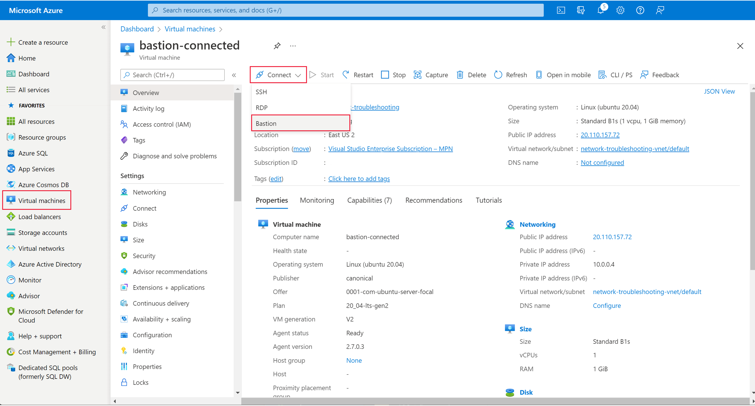 A screenshot showing how to use Azure Bastion to connect to an Azure VM.