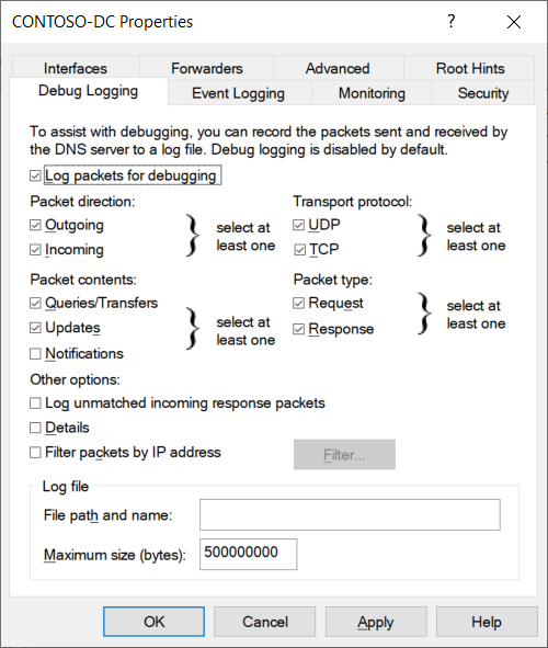 This screenshot displays the DNS Manager console with the Debug Logging tab of the Properties dialog box open. The Log packets for debugging checkbox is selected.