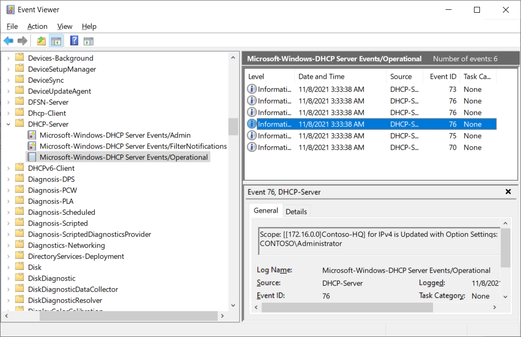 This screenshot displays the contents of the Microsoft-Windows-DHCP Server Events/Operational log. A number of informational events are displayed and an event with ID 76 related to scope reconfiguration is selected.