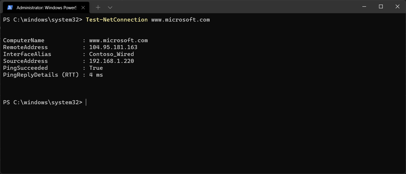 This screenshot displays a command window and the output from the Test-NetConnection www.microsoft.com command.