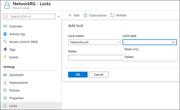 Screenshot of the Management locks page. In the Settings options, Locks are highlighted and in the Add Lock page, the Lock type, Ready-only, and Delete option are displayed and highlighted.