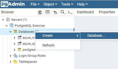 Screenshot showing Create Database menu item.