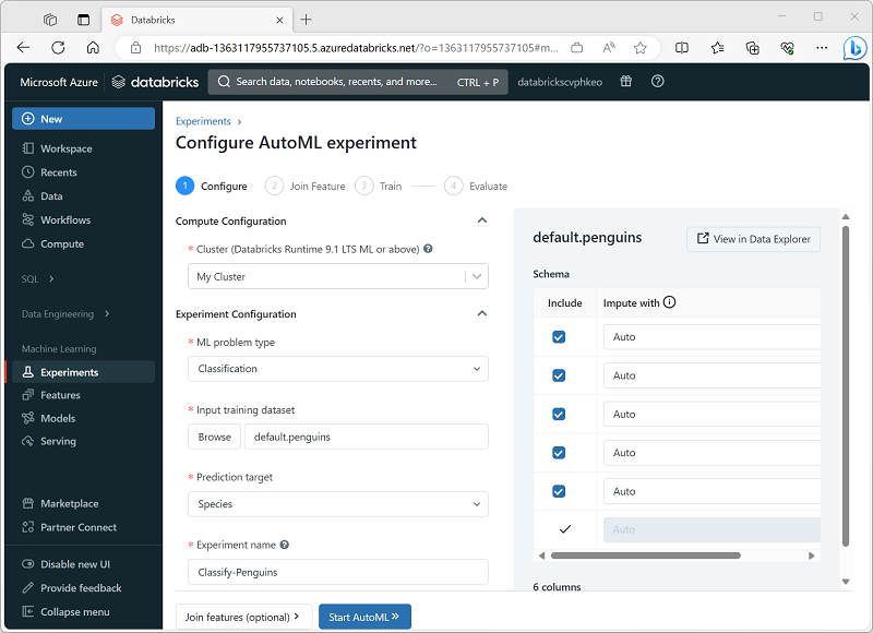 Screenshot of the Configure AutoML Experiment interface in Azure Databricks.
